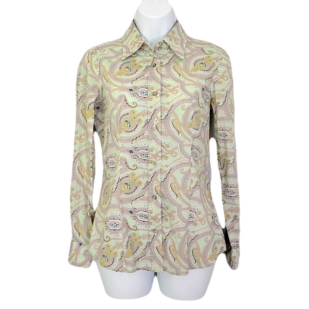 Etro Mint Green Paisley Button Down Long Sleeve Shirt, Size 38